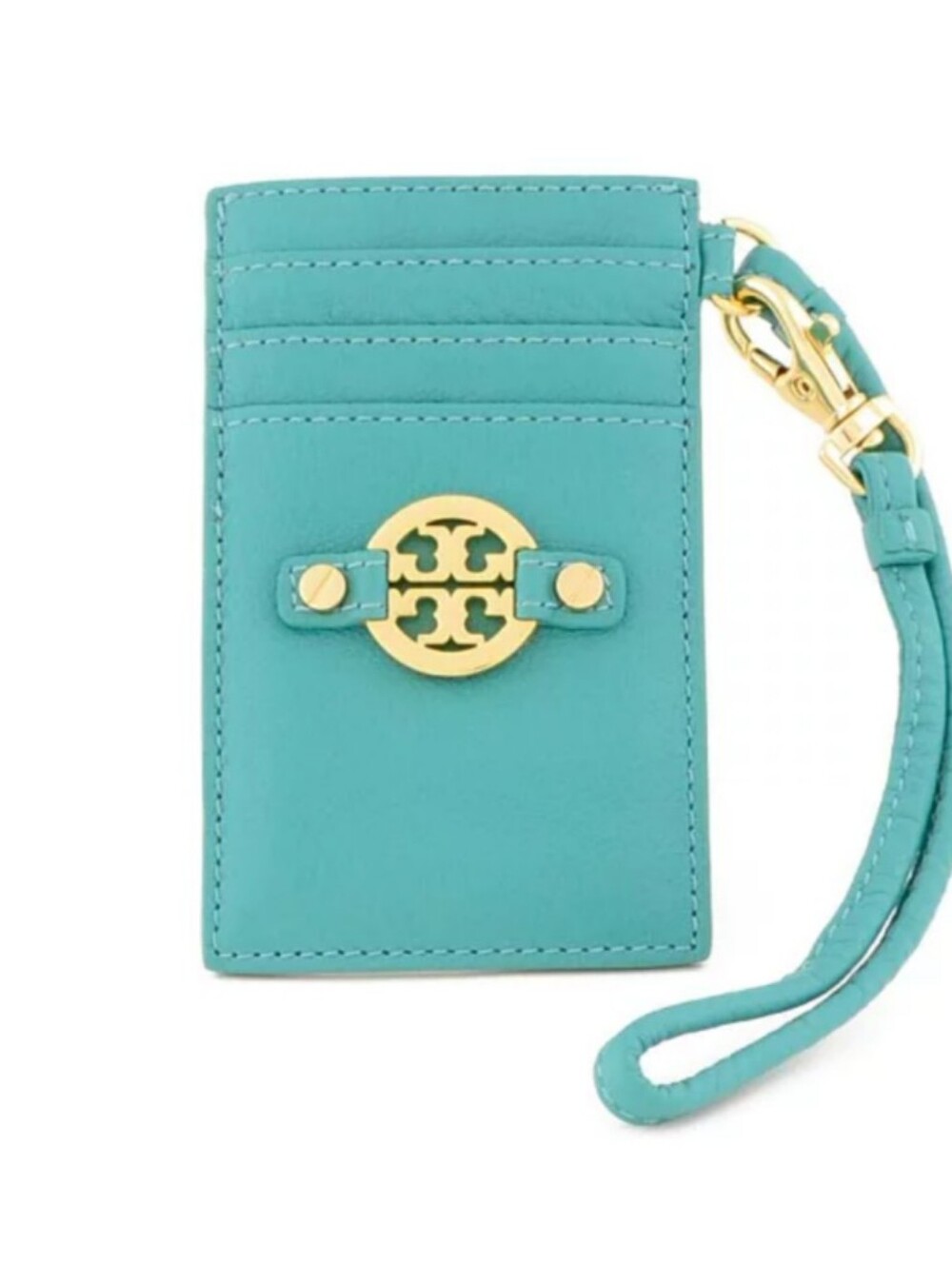 Tory Burch Turquoise Leather Card Holder with Gold Logo Strap New